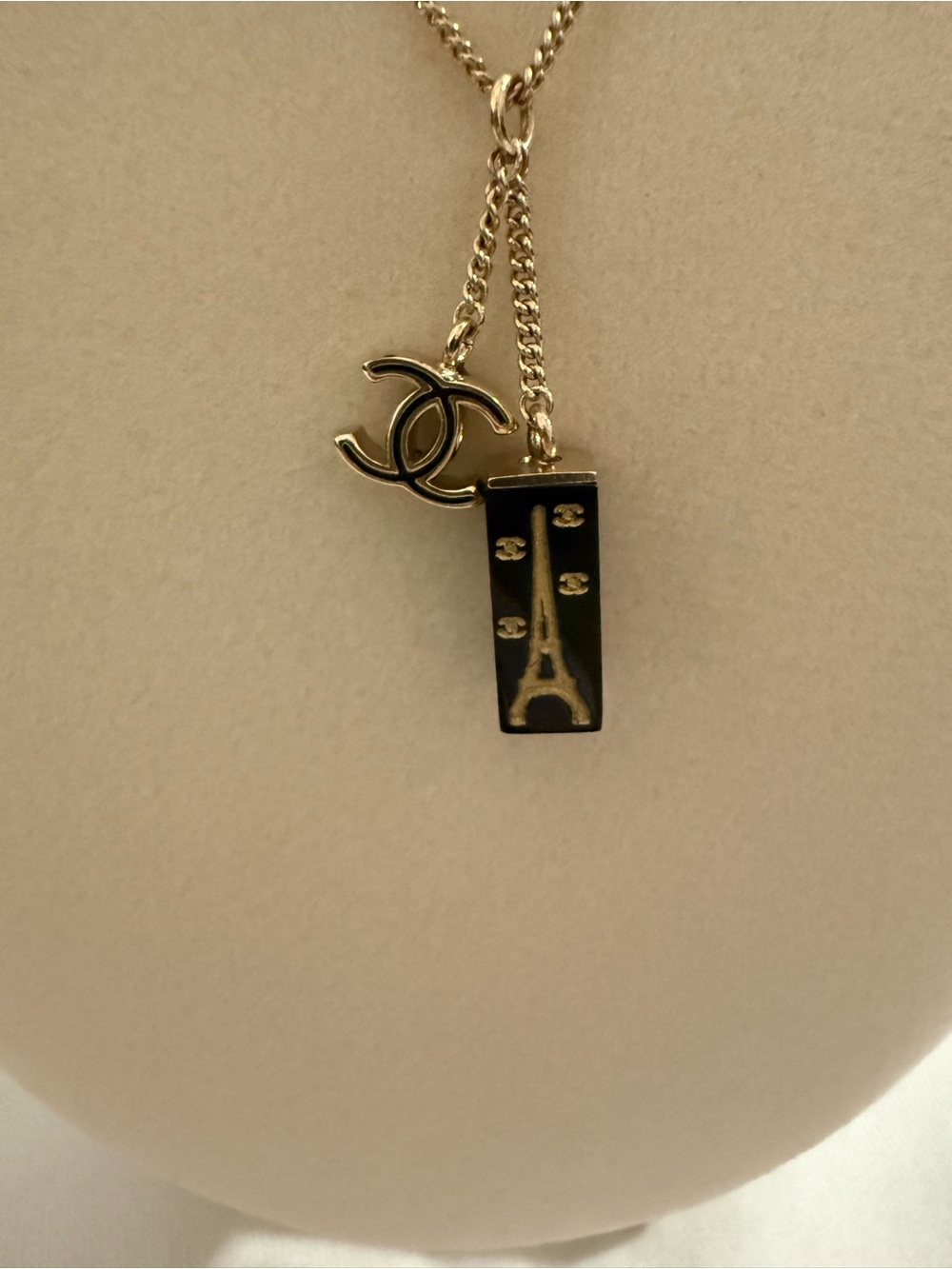 CHANEL Gold and Black Eiffel Tower Pendant Necklace